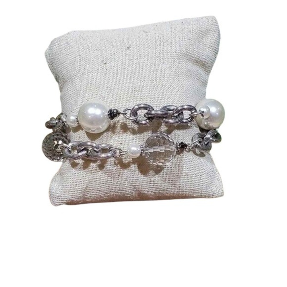 Brighton Faux pearl‎ Crystal Beaded Bauble double strand  Silver bracelet